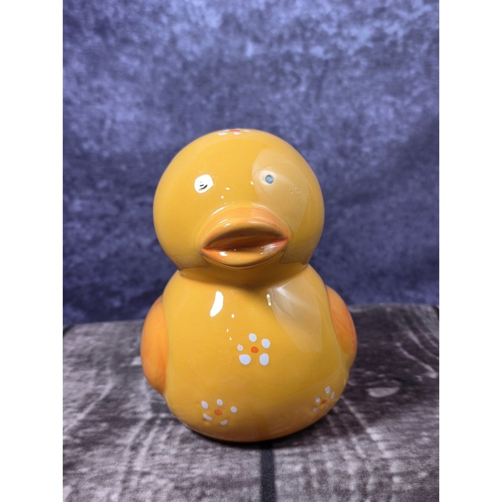 Vintage Yellow Ceramic Rubber Duck Coin Bank Floral Hand Painted 5 Inch - Picture 2 of 8